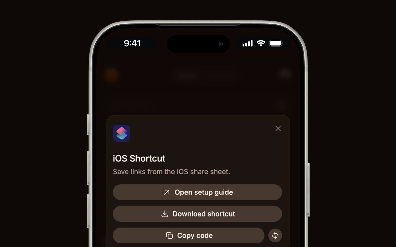 The iOS Shortcut dialog in Shiori, showing the Download shortcut and Copy code buttons