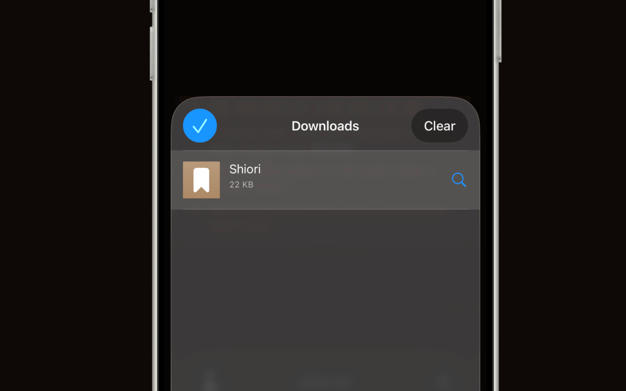 Downloads popup showing the Shiori shortcut file