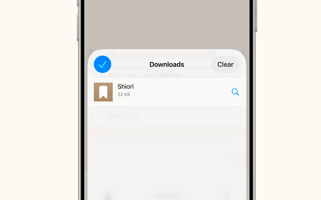 Downloads popup showing the Shiori shortcut file