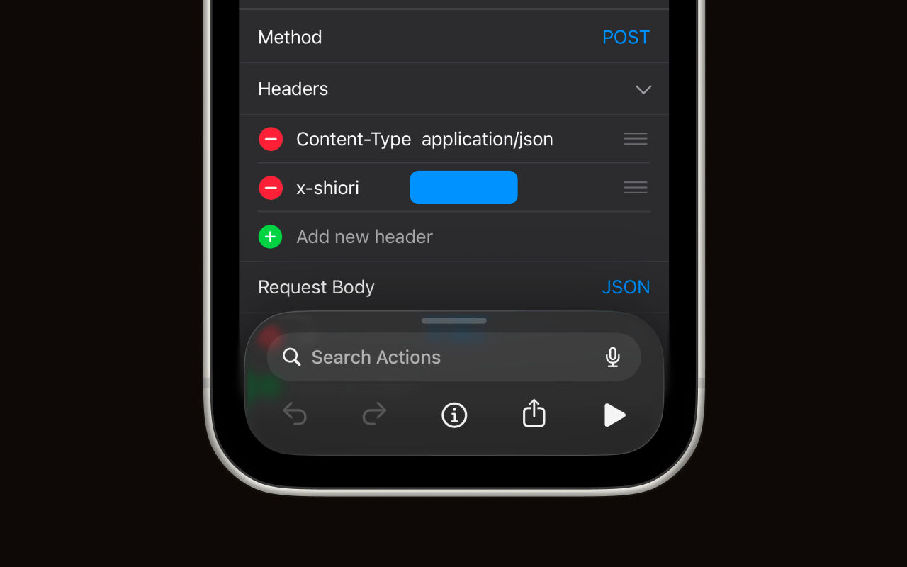 The shortcut editor showing the x-shiori header field