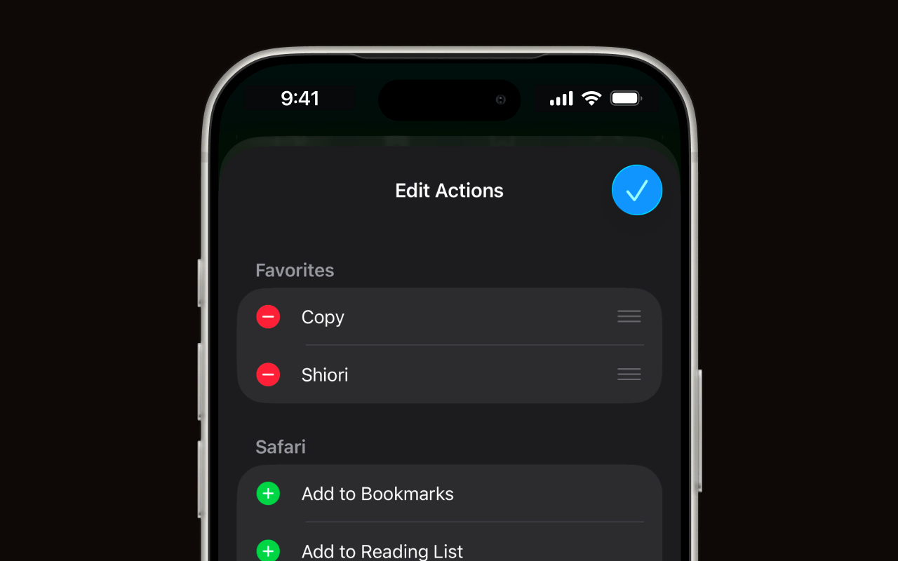 The Edit Actions screen with Shiori added to Favorites