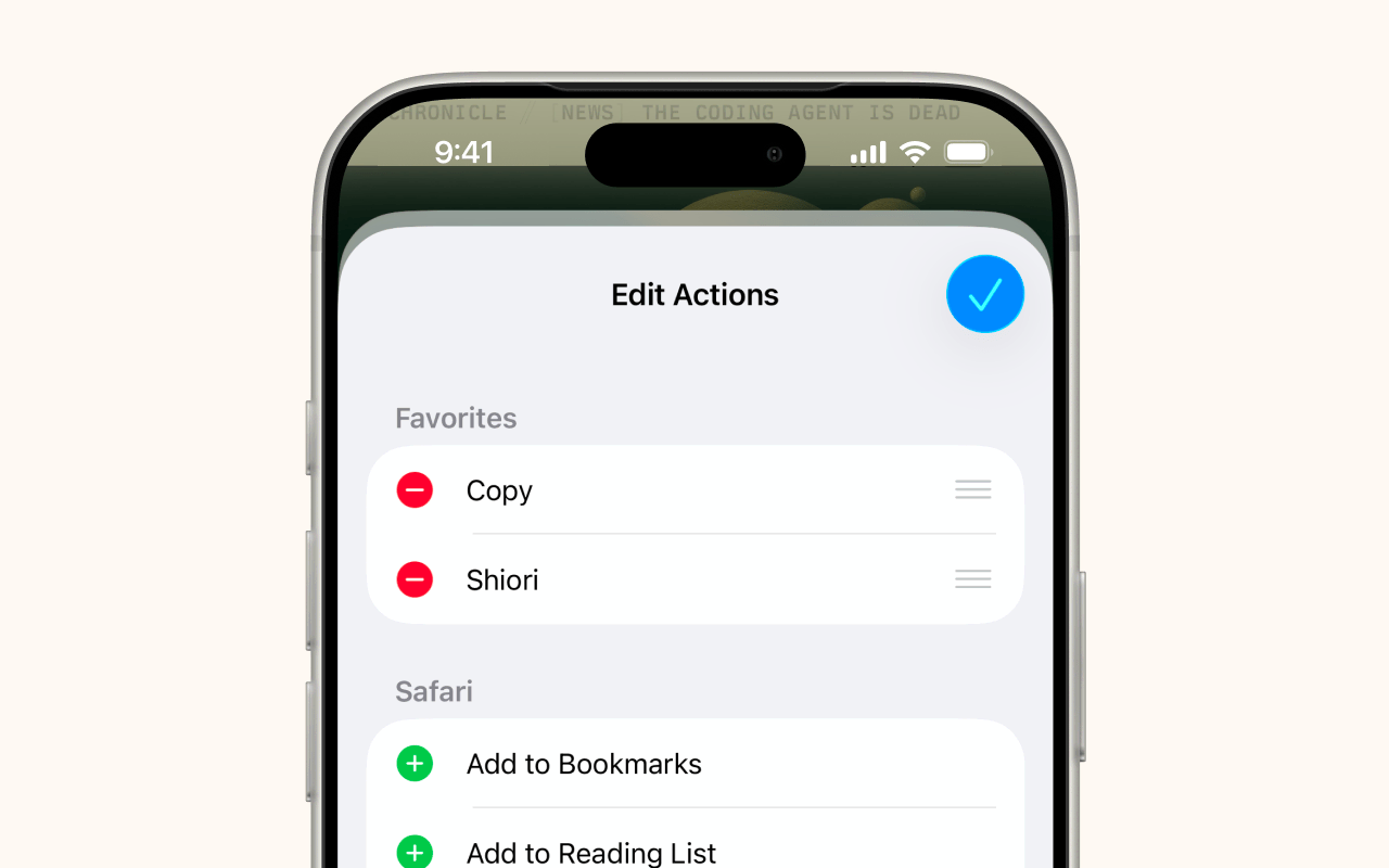 The Edit Actions screen with Shiori added to Favorites